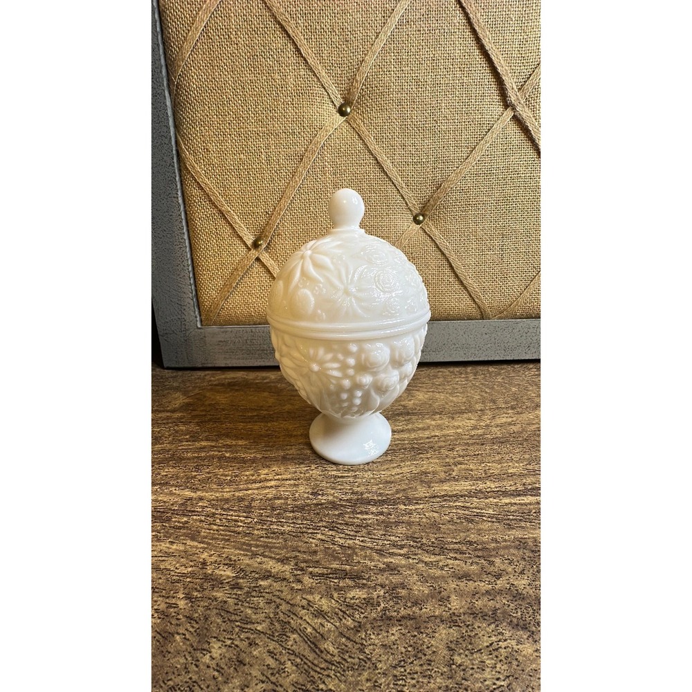 Vintage Avon Milk Glass Candy Dish with Embossed Floral Pattern 6" Tall